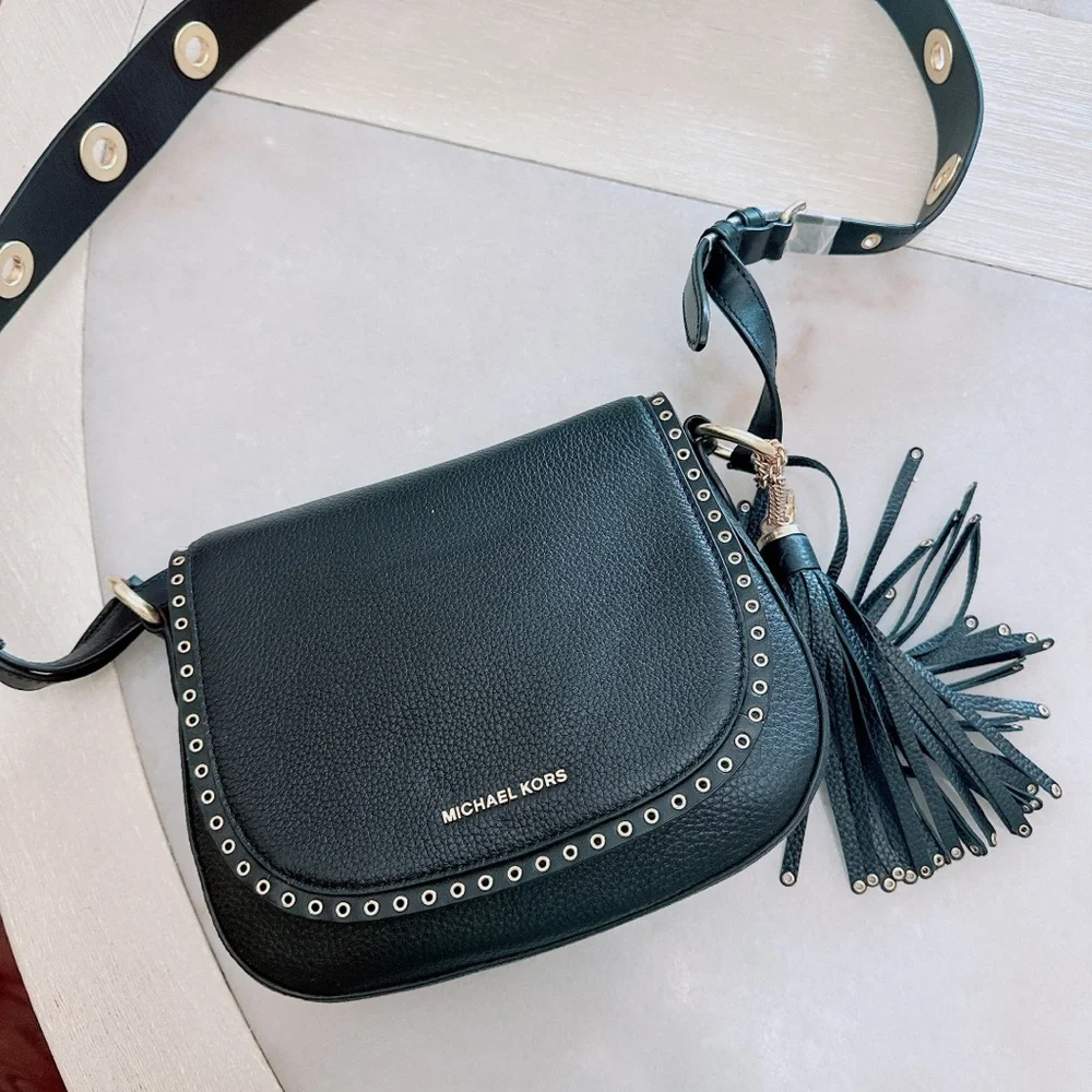 Michael Kors Brooklyn Medium Saddle Bag Leather Black/NWT - Picture 13 of 15